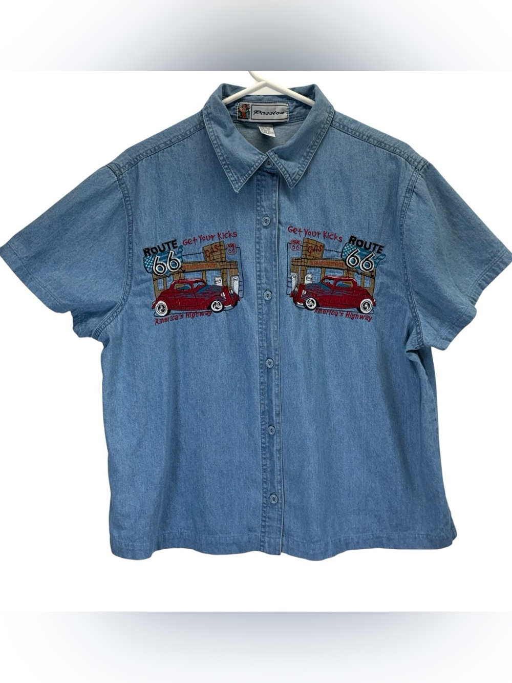 Passion Vintage Embroidered Route 66 Denim Button-Up Shirt
Size L
